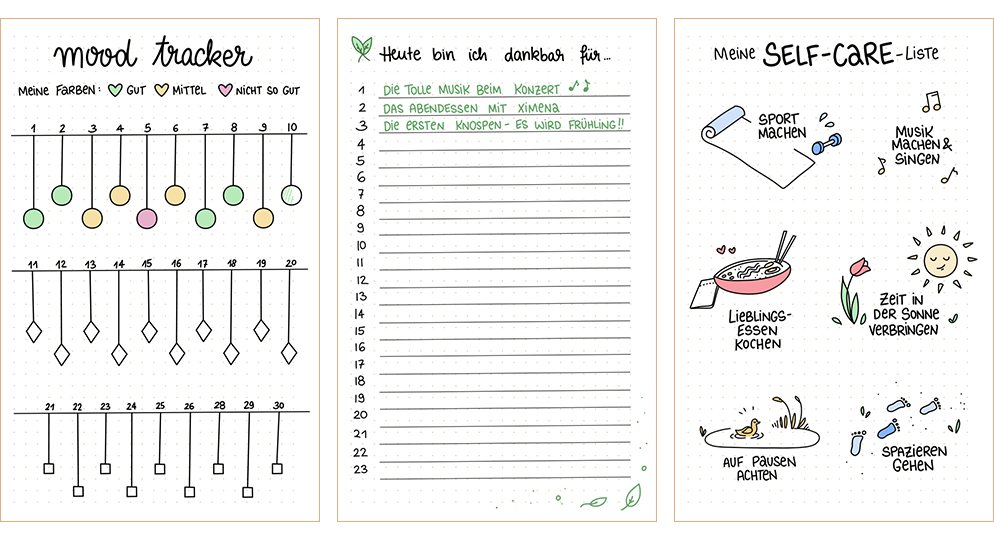 Individuelle Sammlungen im Bullet-Planer ganz nach den eigenen Bedürfnissen und Wünschen: Mood-Tracker, Dankbarkeitsliste, Self-Care-Liste